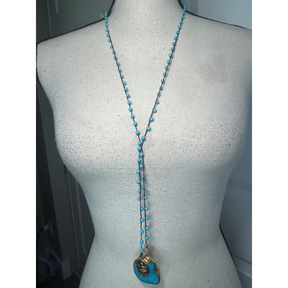 Boho Lariat Necklace Raw Turquoise Stone Buddhist Coin Gold Tone Festival